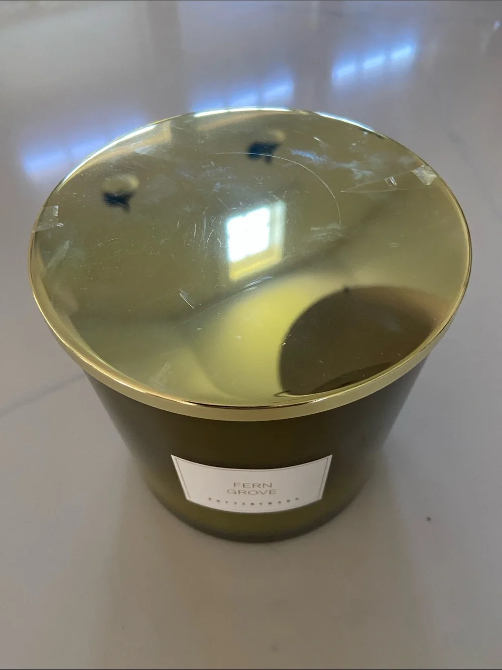 Pottery Barn Fern Grove Candle in Olive Green with Gold Lid